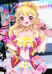  1girl 2boys :d absurdres aikatsu! aikatsu!_(series) bar_censor bare_shoulders blonde_hair blurry blurry_background blush bow_print breasts censored choker cleavage cum cum_on cum_on_body cum_on_breasts cum_on_clothes depth_of_field detached_sleeves double_handjob dress earrings ejaculation erection exhibitionism eyebrows_visible_through_hair facial floral_print gloved_handjob gloves group_sex hair_between_eyes hair_over_shoulder hairband handjob heart hetero highres hoshimiya_ichigo idol jewelry large_breasts long_hair looking_at_penis mikorin mmf_threesome multicolored_clothes multicolored_dress multiple_boys nail_polish open_mouth out_of_frame penis pink_dress pink_gloves pink_nails pink_sleeves pouch red_eyes rose_print smile solo_focus speed_lines spoken_heart stage sweat threesome trembling twitching_penis upper_body veins veiny_penis 