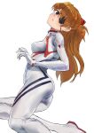  1girl absurdres ass bangs black_eyepatch blue_eyes blush bodysuit breasts commentary evangelion:_3.0+1.0_thrice_upon_a_time eyepatch full_body highres interface_headset labotamochi long_hair looking_at_viewer looking_back neon_genesis_evangelion open_mouth orange_hair plugsuit rebuild_of_evangelion simple_background skin_tight small_breasts solo souryuu_asuka_langley white_background white_bodysuit 