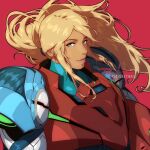  1girl arm_cannon armor bangs blonde_hair blue_eyes glowing long_hair looking_at_viewer metroid metroid_dread mole mole_under_mouth ponytail power_armor power_suit reza_kabir samus_aran science_fiction sidelocks simple_background smile solo upper_body weapon 