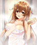  1girl absurdres bathroom breasts brown_eyes cleavage collarbone commentary heterochromia highres holding holding_sponge indoors jewelry kantai_collection large_breasts long_hair looking_at_viewer murasame_(kancolle) naked_towel open_mouth red_eyes remodel_(kantai_collection) ring shigatsu_(soratobuusagi) smile solo sponge towel twintails two_side_up wedding_band wet wet_towel 