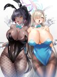  2girls absurdres asuna_(blue_archive) bare_shoulders blue_archive breasts collarbone dark-skinned_female dark_skin earrings elbow_gloves fellatio_gesture gloves heavy_breathing highres huge_breasts jewelry karin_(blue_archive) long_hair mole mole_on_breast multiple_girls oral_invitation pantyhose playboy_bunny sinkai steaming_body tongue tongue_out very_long_hair white_gloves 