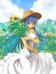  1girl azpainter_(medium) bangs blue_hair blue_sky breasts closed_mouth cloud commentary_request day dress field flower flower_field foot_out_of_frame hat highres holding holding_flower long_dress long_hair looking_at_viewer medium_breasts mountain mountainous_horizon mypaint_(medium) original outdoors red_eyes sakakura_(sariri) sky sleeveless sleeveless_dress smile solo sun_hat sundress sunflower white_dress yellow_flower 