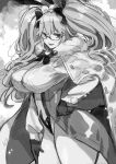  1girl animal_ear_fluff animal_ears bangs blush bow breasts coat coattails collared_shirt corset dress_shirt fate/grand_order fate_(series) fox_tail glasses gloves greyscale hair_between_eyes hair_bow highres inui_achu koyanskaya_(fate) large_breasts long_hair long_sleeves looking_at_viewer monochrome open_mouth pantyhose rabbit_ears shirt sidelocks smile solo tail tamamo_(fate) thighs twintails underbust 