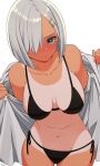 1girl bikini black_bikini blue_eyes blush breasts closed_mouth hair_ornament hair_over_one_eye hairclip hamakaze_(kancolle) highres kantai_collection laco_soregashi large_breasts looking_at_viewer one-piece_tan short_hair side-tie_bikini silver_hair simple_background solo swimsuit tan tanlines twitter_username white_background 