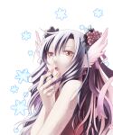  1girl azpainter_(medium) bangs blush brown_eyes commentary_request flower hair_between_eyes hair_flower hair_ornament highres long_hair looking_at_viewer open_mouth original purple_hair red_flower sakakura_(sariri) simple_background sleeveless snowflakes solo upper_body white_background 