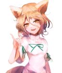  1girl animal_ears artist_name bangs blonde_hair blush bow breasts eyebrows_visible_through_hair fox_ears fox_tail green_bow hair_between_eyes hand_up highres hikage_(0hi_kageo) kudamaki_tsukasa looking_at_viewer medium_breasts one-hour_drawing_challenge open_mouth puffy_short_sleeves puffy_sleeves romper short_hair short_sleeves simple_background smile solo tail tongue touhou white_background white_sleeves yellow_eyes 