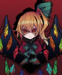  1girl bangs blonde_hair blood closed_mouth commentary_request crystal dated flandre_scarlet green_neckwear green_ribbon hair_ribbon highres looking_at_viewer neck_ribbon one-hour_drawing_challenge red_background red_eyes ribbon riyuu_(ryu328szhk) short_hair slit_pupils solo touhou twitter_username upper_body wings 
