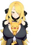  1girl between_breasts black_coat blonde_hair blush breasts coat cynthia_(pokemon) eyes_visible_through_hair fur-trimmed_coat fur_collar fur_trim grin hair_ornament hair_over_one_eye happy large_breasts long_hair pikachu pokemon pokemon_(creature) pokemon_(game) pokemon_between_breasts pokemon_dppt smile tottotonero upper_body very_long_hair yellow_eyes 