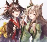  2girls absurdres ahoge animal_ears bangs black_kimono blush bow braid brown_hair closed_eyes commentary_request cowboy_shot floral_print green_kimono hair_bow hair_ornament hand_up hands_up highres horse_ears japanese_clothes kimono kitasan_black_(umamusume) leaning_forward long_hair long_sleeves looking_at_viewer multiple_girls obi open_mouth red_eyes sash satono_diamond_(umamusume) shino_sto short_hair sidelocks smile sparkle tail teeth umamusume upper_teeth v white_background wide_sleeves yukata 