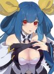  1girl bangs bare_shoulders belt breasts choker cleavage detached_sleeves dizzy_(guilty_gear) eyebrows_visible_through_hair guilty_gear guilty_gear_xrd hair_between_eyes hair_ribbon hair_rings hand_on_own_chest highres kero8080 large_breasts long_hair looking_at_viewer midriff midriff_peek multiple_belts navel open_mouth red_eyes ribbon simple_background twintails upper_body white_background wide_sleeves yellow_ribbon 