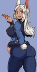 1girl absurdres animal_ear_fluff animal_ears ass blue_background blue_pants blue_shirt boku_no_hero_academia bulletproof_vest carrot cosplay dark_skin dinoyhs fangs from_side grin highres holding holding_pen judy_hopps judy_hopps_(cosplay) long_eyelashes long_hair looking_at_viewer looking_back mirko open_mouth pants pen police police_badge police_uniform policewoman rabbit_ears rabbit_girl rabbit_tail red_eyes shirt simple_background smile solo tail tail_through_clothes teeth thick_thighs thighs uniform upper_teeth walkie-talkie white_hair zootopia 