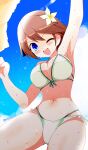  1girl absurdres bikini blue_eyes blue_sky breasts brown_hair cleavage cloud commentary_request cowboy_shot flipped_hair flower hair_flower hair_ornament hiei_(kancolle) highres kanoe_soushi kantai_collection large_breasts looking_at_viewer navel one_eye_closed short_hair sky smile solo swimsuit towel wet wet_clothes white_bikini 