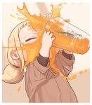  1girl blonde_hair blurry blurry_background brown_shirt child closed_eyes commentary cup depth_of_field disposable_cup drinking_glass drinking_straw english_text facing_viewer holding holding_cup kozato_(yu_kozato) layered_sleeves little_blonde_girl_(kozato) long_hair long_sleeves low_twintails orange_juice original shirt short_over_long_sleeves short_sleeves solo twintails upper_body 