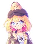  1girl animal_print artist_name aya_chan1221 badge bangs bespectacled blonde_hair blue_eyes bow bowtie bubba_(watson_amelia) button_badge cabbie_hat collarbone commentary cosmetics dog dog_print earrings english_commentary eyebrows_visible_through_hair glasses hair_between_eyes hair_ornament hat heart heart_earrings highres holding holding_lipstick_tube hololive hololive_english jacket jewelry key_necklace lipstick_tube long_sleeves looking_at_viewer magnifying_glass parted_lips plaid plaid_jacket puffy_long_sleeves puffy_sleeves short_hair sidelocks simple_background virtual_youtuber watson_amelia white_background x_hair_ornament 
