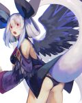  1girl alternate_color angel_wings ass bangs bare_legs bare_shoulders black_panties black_wings blush butt_crack detached_sleeves dizzy_(guilty_gear) eyebrows_visible_through_hair guilty_gear guilty_gear_xrd hair_between_eyes hair_ribbon hair_rings highres looking_at_viewer looking_back monster_girl oeillet_vie open_mouth panties purple_eyes ribbon silver_hair simple_background solo tail underwear white_background wide_sleeves wings 