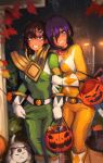  2girls absurdres blush bodysuit breasts cameltoe cat chainsaw_man commentary cosplay english_commentary green_eyes green_ranger green_ranger_(cosplay) grin hair_between_eyes hair_bun hair_ornament hairclip halloween halloween_costume higashiyama_kobeni highres hug khyle. long_sleeves looking_at_viewer medium_hair mighty_morphin_power_rangers mole mole_under_eye mole_under_mouth multiple_girls nervous_smile open_mouth ponytail power_rangers purple_hair reze_(chainsaw_man) short_hair short_ponytail smile standing sweat trick_or_treat when_you_see_it yellow_ranger yellow_ranger_(cosplay) yuri 
