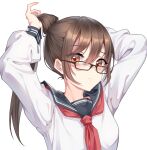  1girl :&lt; absurdres aluo_7762 arms_up bangs black-framed_eyewear black_sailor_collar blush brown_hair closed_mouth commentary_request eyebrows_visible_through_hair glasses hair_between_eyes highres long_hair long_sleeves looking_at_viewer neckerchief orange_eyes original ponytail red_neckerchief sailor_collar school_uniform serafuku shirt simple_background solo tying_hair upper_body white_background white_shirt 