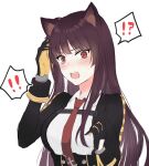  ! !! !? 1girl animal_ears black_gloves black_jacket blush breasts cat_ears eyebrows_visible_through_hair girls&#039;_frontline gloves hand_in_hair highres jacket long_hair looking_at_viewer necktie open_mouth purple_hair red_eyes red_necktie shirt solo sui_(camellia) sweat teardrop upper_body wa2000_(girls&#039;_frontline) white_background white_shirt 