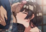  1boy 1girl bangs black_hair blush censored closed_eyes closed_mouth collarbone cum cum_on_hair ejaculation erere eyebrows_visible_through_hair hand_on_hip hetero idolmaster idolmaster_shiny_colors long_hair male_pubic_hair mayuzumi_fuyuko mosaic_censoring nose_blush one_side_up open_clothes penis_on_face penis_over_one_eye pubic_hair solo_focus tears 