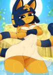 1girl :&lt; absurdres animal_crossing animal_ears ankha_(animal_crossing) ankha_zone ashraely black_eyes blue_fur blue_hair blur_censor blurry blurry_background bob_cut body_fur cat_girl cat_tail censored day egyptian egyptian_clothes frown furry furry_female hair_ornament half-closed_eyes highres outdoors partially_submerged robe see-through sky snake_hair_ornament standing standing_on_liquid striped_tail sun tail water white_robe yellow_fur 