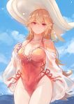 1girl azur_lane blonde_hair blue_sky breasts cleavage closed_mouth collarbone commentary covered_navel eyebrows_visible_through_hair feet_out_of_frame hat highres long_hair looking_at_viewer medium_breasts official_alternate_costume purple_eyes red_swimsuit richelieu_(azur_lane) richelieu_(fleuron_of_the_waves)_(azur_lane) sea_nami sky smile solo standing sun_hat swimsuit white_headwear 
