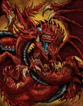  absurdres blue_tongue claws colored_tongue commentary dragon duel_monster english_commentary gem highres no_humans open_mouth osiris_the_sky_dragon red_scales scales sharp_teeth solo teeth wings wretchedspawn2012 yellow_background yellow_eyes yu-gi-oh! 
