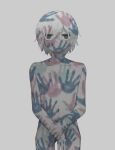  1boy absurdres avogado6 blue_eyes bodypaint closed_mouth commentary completely_nude cowboy_shot hand_print highres holding_own_wrist jitome looking_at_viewer male_focus naked_paint navel nude original pale_skin simple_background solo standing white_background white_hair 