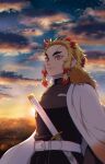  1boy absurdres belt belt_buckle black_jacket blonde_hair blurry blurry_background buckle cape closed_mouth cloud fuyu_(utngrtn) highres jacket kimetsu_no_yaiba long_hair long_sleeves male_focus multicolored_hair outdoors red_eyes red_hair rengoku_kyoujurou sheath sheathed solo sunset sword two-tone_hair weapon white_belt white_cape 