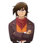  1boy black_eyes black_headwear brown_hair brown_jacket commentary_request crossed_arms deponia facial_hair goatee hat jacket male_focus mike_inel neckerchief raised_eyebrow red_neckerchief rufus_(deponia) smile solo transparent_background upper_body 