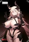  1girl ahoge armor arms_up bikini_armor black_background blonde_hair blush boots breasts cape carcass_(artist) cleavage eyebrows_visible_through_hair eyes_visible_through_hair faucre_the_evil_overlord gauntlets gloves hands_up headgear highres huge_breasts korean_commentary last_origin long_hair looking_at_viewer midriff navel open_mouth pauldrons recording shoulder_armor shoulder_spikes simple_background smile solo spikes thigh_boots thighhighs v very_long_hair yellow_eyes 