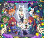  2girls 3boys :d black_ribbon book commentary dark_magician_girl dark_rabbit dated duel_monster flying_elephant_(yu-gi-oh!) garnecia_elefantis green_eyes green_hair grey_hair hair_over_one_eye happy_birthday jacket keith_howard long_sleeves looking_down manga_ryu_ran multiple_boys multiple_girls nanano_thunder neck_ribbon open_mouth pegasus_j_crawford red_jacket ribbon shirt smile star_(symbol) teeth tom_(yu-gi-oh!) tongue toon_ancient_gear_golem toon_dark_magician_girl toon_mermaid toon_summoned_skull toon_world twitter_username upper_teeth white_shirt yu-gi-oh! yu-gi-oh!_duel_monsters 