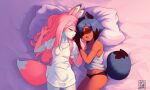  2girls absurdres animal_ears animal_nose bed black_hair black_panties blue_hair body_fur brand_new_animal brown_fur closed_eyes closed_mouth fang fingernails fox_ears fox_girl fox_tail furry furry_female furry_with_furry highres hiwatashi_nazuna kagemori_michiru long_hair lying michirutnk midriff_peek multicolored_hair multiple_girls no_pants on_back on_side open_mouth panties pillow pink_fur pink_hair raccoon_ears raccoon_girl raccoon_tail sharp_fingernails shirt short_hair sleeping snout tail tank_top tanuki two-tone_hair underwear white_fur white_shirt yuri 