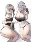  2girls ak-12_(girls&#039;_frontline) an-94_(girls&#039;_frontline) arm_support ass bangs bare_arms bare_legs bare_shoulders beer_can black_hairband blue_eyes blush breasts camisole can cleavage closed_eyes collarbone dolphin_shorts eyebrows_visible_through_hair feet_out_of_frame girls&#039;_frontline hairband hei_d holding holding_can large_breasts long_hair looking_at_viewer lying multiple_girls navel on_side open_mouth reclining shorts silver_hair simple_background small_breasts strap_slip white_background white_shorts 