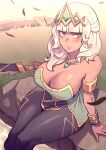  1girl bangs blunt_bangs blush bracelet breasts carcass_(artist) cleavage dark-skinned_female dark_skin feet_out_of_frame gem gold_bracelet grass highres huge_weapon jewelry korean_commentary large_breasts league_of_legends lips looking_to_the_side low_neckline makeup necklace qiyana_(league_of_legends) sitting sitting_on_object solo tiara water weapon white_hair wind yellow_eyes 