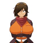  1girl black_eyes black_headwear breasts brown_hair brown_jacket commentary_request crossed_arms deponia eyebrows_visible_through_hair eyes_visible_through_hair genderswap genderswap_(mtf) hair_over_one_eye hat huge_breasts jacket mike_inel neckerchief raised_eyebrow red_neckerchief rufus_(deponia) smile solo transparent_background 