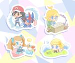  2boys 2girls :d ;d akasaka_(qv92612) ash-greninja ash_ketchum bangs baseball_cap black_hair blonde_hair blue_eyes blush_stickers bonnie_(pokemon) brown_eyes brown_hair candy_wrapper chair chespin clemont_(pokemon) commentary_request desk envelope eyelashes fennekin glasses gloves grass greninja hat jacket jumpsuit lying multiple_boys multiple_girls on_stomach one_eye_closed open_mouth pants paper pokemon pokemon_(anime) pokemon_(creature) pokemon_xy_(anime) red_footwear red_headwear serena_(pokemon) shoes short_sleeves skirt smile socks tied_hair tongue twintails water writing zygarde zygarde_core 