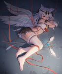  1girl :o animal_ears armlet azur_lane bangs bent_over black_skirt bound bow cat_ears commentary_request extra_ears eyebrows_visible_through_hair eyes_visible_through_hair feathered_wings feet frilled_legwear frilled_skirt frills hair_between_eyes hair_bow hair_ribbon highres long_hair looking_at_viewer lying magical_girl navel on_side orange_eyes pleated_skirt ribbon school_uniform serafuku sidelocks skirt solo stomach suspenders thighhighs tied_up_(nonsexual) twintails white_hair white_wings wings you_ni_ge_shaobing yukikaze_(azur_lane) zettai_ryouiki 