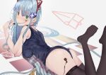  1girl absurdres animal_ears artist_name ass bangs black_legwear blue_hair blue_swimsuit blush chocolate choker closed_mouth crossed_bangs dated eyebrows_visible_through_hair fake_animal_ears food girls&#039;_frontline green_eyes hand_in_hair highres hk416_(girls&#039;_frontline) holding holding_chocolate holding_food long_hair looking_at_viewer lying no_shoes on_stomach red_choker school_swimsuit simple_background solo soranagi_(una123) swimsuit teardrop_facial_mark teardrop_tattoo thighhighs 