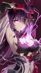  1girl bangs bare_shoulders black_gloves breasts cleavage closed_mouth covering_one_eye drawing_sword electricity genshin_impact gloves hair_between_eyes highres holding holding_sword holding_weapon honkai_(series) honkai_impact_3rd horns huanxiangfengmi09151 human_scabbard katana long_hair looking_at_viewer mihoyo_technology_(shanghai)_co._ltd. parody purple_eyes purple_hair raiden_mei raiden_mei_(herrscher_of_thunder) sheath solo sword sword_out_of_chest unsheathing v-shaped_eyebrows weapon 