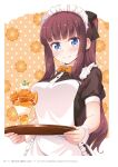  1girl apron bangs black_hairband black_shirt blue_eyes blunt_bangs bow bowtie brown_hair closed_mouth hairband highres holding holding_plate long_hair looking_at_viewer maid new_game! official_art orange_bow orange_bowtie page_number plate ponytail shiny shiny_hair shirt short_sleeves sidelocks smile solo standing takimoto_hifumi tokunou_shoutarou upper_body very_long_hair white_apron wing_collar 