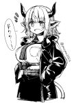 1girl animal_ears arknights breasts collared_shirt cow_ears cow_girl cow_horns cow_tail eyebrows_visible_through_hair greyscale hands_in_pockets high_contrast horns jacket large_breasts leather_skirt looking_at_viewer monochrome necktie notice_lines open_clothes open_jacket open_mouth shirt sideroca_(arknights) simple_background sketch smile solo speech_bubble symbol-only_commentary tail translated twitter_username white_background yom_(ymayma00ss) 