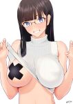  1girl bangs bare_arms black_hair blue_eyes blunt_bangs blush breasts clothes_lift commentary_request eyebrows_visible_through_hair flashing glasses highres large_breasts lifted_by_self long_hair looking_at_viewer nail_polish nanahime one_breast_out original pasties pink_nails revision ribbed_sweater simple_background sleeveless sleeveless_sweater smile solo sweater sweater_lift turtleneck turtleneck_sweater upper_body white_background white_sweater 