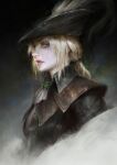  1girl absurdres ascot blonde_hair blood bloodborne blue_eyes cape face faux_traditional_media hat hat_feather highres lady_maria_of_the_astral_clocktower lips long_hair ponytail simple_background solo the_old_hunters thedurianart tricorne upper_body white_hair 