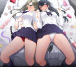  2girls anal_beads bed black_hair black_skirt blush bow bowtie breasts cellphone cleavage closed_mouth collared_shirt condom condom_wrapper dildo egg_vibrator fed_(giba) green_eyes grey_eyes holding_hands light_brown_hair long_hair looking_at_viewer lying medium_breasts multiple_girls navel on_back on_bed original panties pantyshot parted_lips phone pleated_skirt red_panties school_uniform sex_toy shirt skirt smartphone straight_hair unbuttoned unbuttoned_shirt underwear vibrator white_panties white_shirt 