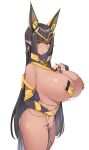  +_+ 1girl absurdres animal_ears bangs black_hair breasts cat_ears covered_nipples curvy dark-skinned_female dark_skin dickbomber egyptian egyptian_clothes elbow_gloves from_side gloves green_eyes hair_ornament hand_on_own_chest highres huge_breasts last_origin looking_at_viewer plump pointy_ears revealing_clothes sekhmet_of_death shiny shiny_skin skirt solo swimsuit thick_thighs thighs 