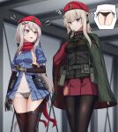  2girls 9a-91_(girls&#039;_frontline) absurdres ak74m_(girls&#039;_frontline) bangs beret black_legwear black_panties blue_dress blue_eyes breasts brown_gloves camouflage_cloak dress ear_protection eyebrows_visible_through_hair girls&#039;_frontline gloves hair_ornament hat highres indoors long_hair low_twintails medium_breasts multiple_girls open_mouth panties pantyhose red_headwear red_scarf red_skirt scarf see-through side-tie_panties sideboob silver_hair skirt smile snowflake_hair_ornament star_(symbol) star_hair_ornament thighhighs thought_bubble twintails underwear yakob_labo 