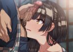  1boy 1girl bangs black_hair blush brown_eyes censored collarbone erere eyebrows_visible_through_hair hand_on_hip hetero idolmaster idolmaster_shiny_colors long_hair looking_at_penis male_pubic_hair mayuzumi_fuyuko mosaic_censoring nose_blush one_side_up open_clothes open_mouth penis_on_face penis_over_one_eye pubic_hair solo_focus 