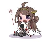  1girl ahoge boots brown_hair chibi detached_sleeves double_bun eating food full_body hairband hakama hakama_short_skirt hakama_skirt headgear japanese_clothes kantai_collection kongou_(kancolle) long_hair lr_hijikata onigiri purple_eyes ribbon-trimmed_sleeves ribbon_trim simple_background sitting skirt solo thigh_boots thighhighs white_background 