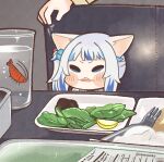  1girl absurdres animal_ears bangs blue_eyes blue_hair blunt_bangs cat_ears commentary cup dated_commentary drinking_glass fork gawr_gura highres hololive hololive_english leaf meme multicolored_hair open_mouth parody same_anko sharp_teeth shrimp solo_focus streaked_hair symbol-only_commentary table teeth twitter_username two-tone_hair virtual_youtuber water white_hair woman_yelling_at_cat_(meme) 