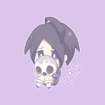  1boy ahoge akasaka_(qv92612) allister_(pokemon) black_hair chibi commentary_request gloves holding holding_mask long_sleeves male_focus mask outline pokemon pokemon_(game) pokemon_swsh purple_background purple_eyes raised_eyebrows shirt shoes shorts simple_background single_glove sitting solo 